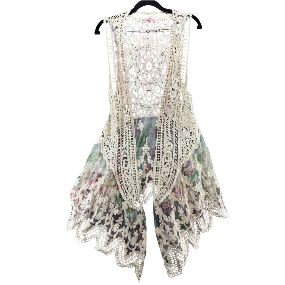 Origami S M Crochet Vest Ivory Floral Embroidered Mesh Boho Duster Cardigan